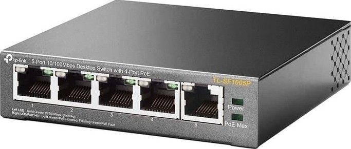 TP‑Link TL‑SF1005P 5‑Port 10/100 Mbps Unmanaged PoE+ Switch 4× 802.3af/at PoE Ports, 67 W Budget, Extend and Priority Modes, Desktop Fanless 