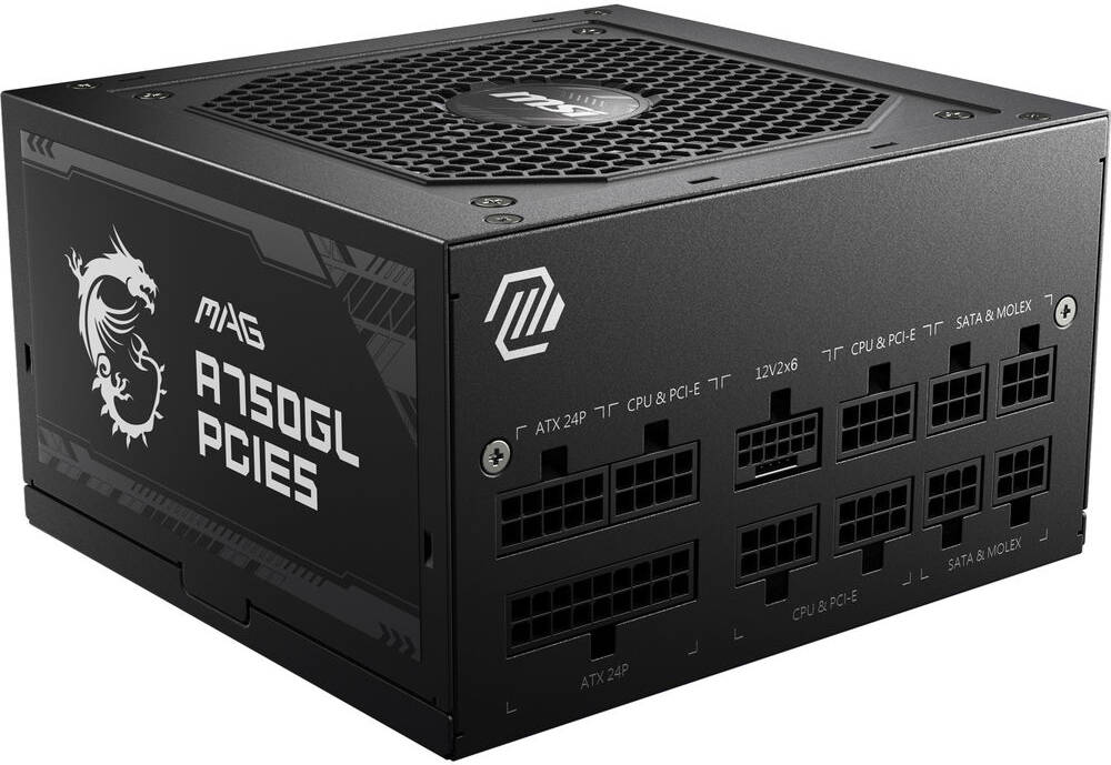 MSI MAG A750GL PCIE5 750W Modular Power Supply 120mm Cooling Fan 80 Plus Gold Efficiency Rating,  8 x SATA Connectors, Black