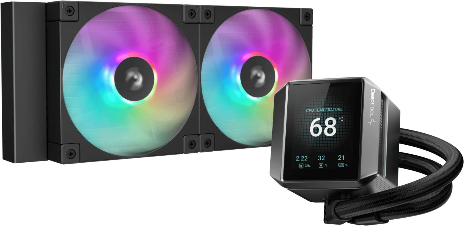 مبرد المعالج المائي DeepCool Mystique 240 ARGB، شاشة TFT LCD مقاس 2.83 بوصة، سرعة مروحة 2400 دورة/دقيقة، تدفق هواء 72.04 قدم مكعب/دقيقة، نوع المحمل هيدروليكي (Hydro Bearing) - أسود