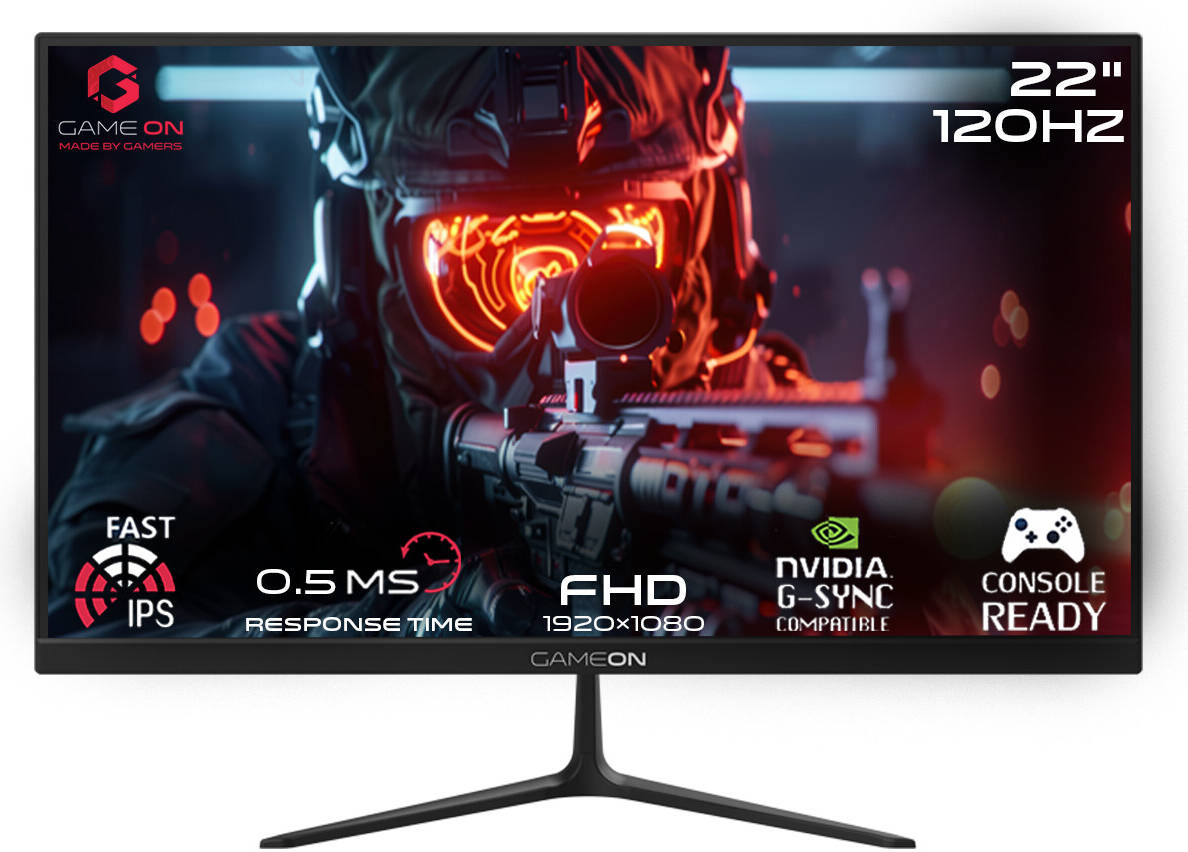 شاشة الألعاب GAMEON GOES22FHD120IPS مقاس 22 بوصة بدقة FHD ‏1920 × 1080، شاشة IPS، معدل تحديث 120 هرتز، تقنية MPRT، زمن استجابة 0.5 مللي ثانية، تقنية AMD FreeSync وAdaptive-Sync، منفذ HDMI 2.1 واحد، منفذ VGA واحد، مكبرا صوت بقوة 3 واط × 2، اللون الأسود.