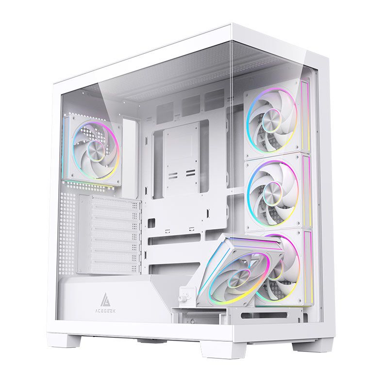 كيس ألعاب AceGeek Nebula Pro ATX متوسط الحجم، بزجاج بانورامي مزدوج مقسى، هيكل SPCC بسماكة 0.7 مم، أقصى مساحة متاحة لبطاقة الرسومات 420 مم - أبيض