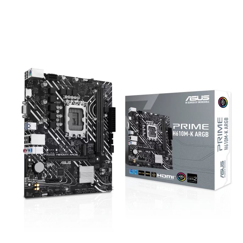 Asus Prime H610M-K ARGB Intel H610 (LGA 1700) micro-ATX motherboard, DDR5, PCIe 4.0, M.2 slot, Realtek 1 Gb Ethernet, HDMI, VGA, USB 3.2 Gen 1, SATA 6 Gbps, Addressable Gen 2 headers, Aura Sync