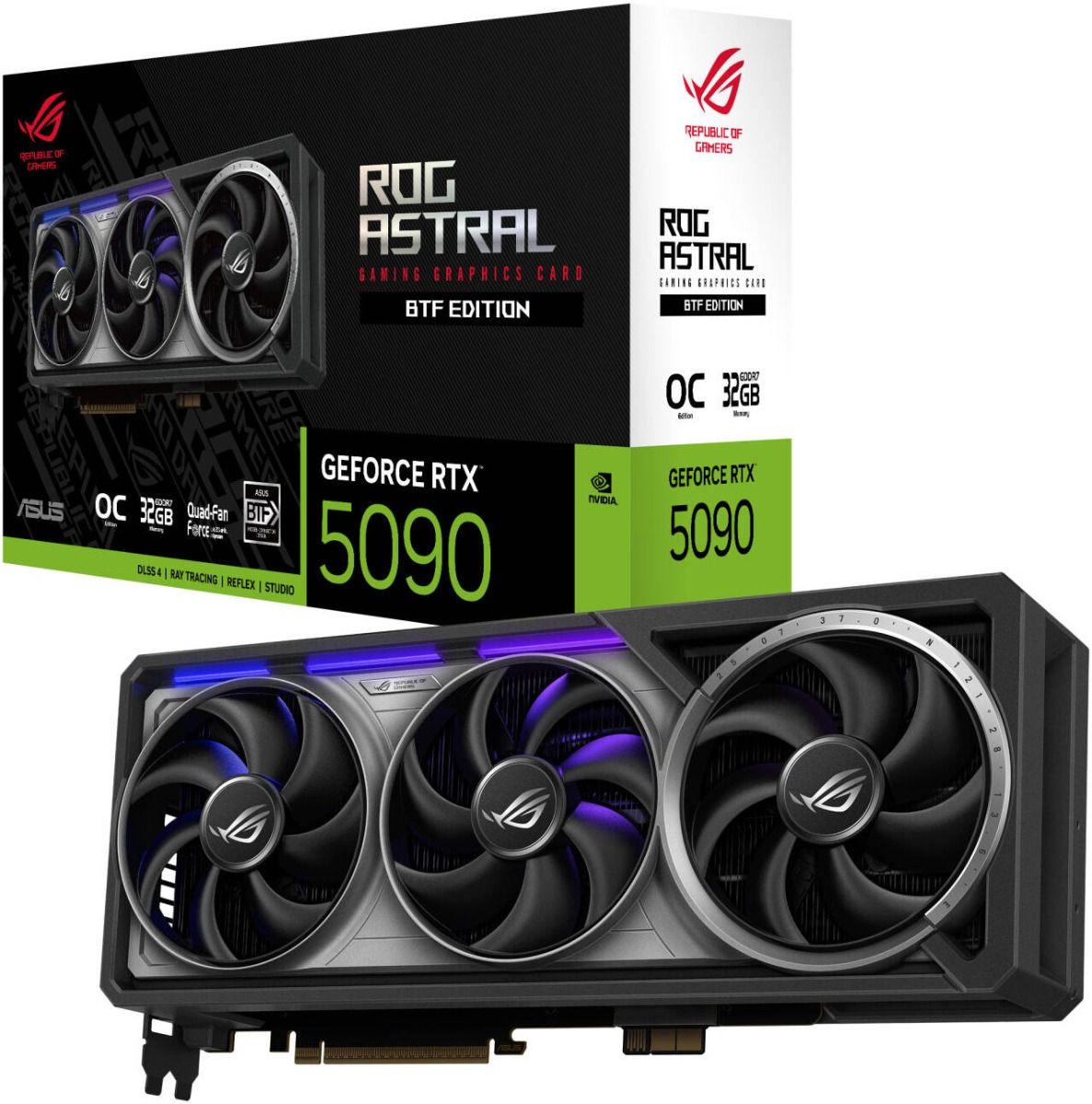 بطاقة الرسوميات ASUS ROG Astral GeForce RTX 5090 إصدار BTF OC بسعة 32 جيجابايت من ذاكرة GDDR7 وواجهة 512-بت، تردد تعزيز 2580 ميجاهرتز و21760 نواة CUDA، باللون الأسود.