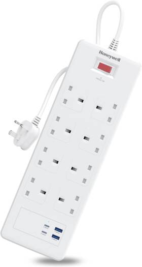 Honeywell 8-Outlet Surge Protector with Master Switch, 8 Sockets, 2x PD 20W & 2x USB Ports, 1050 Joules, 1.8m Cord, Spike Guard/Extension Board, Automatic Overload Protection | HC000054/SRG/1.8M/WHT/8/2U/PD25W/UK