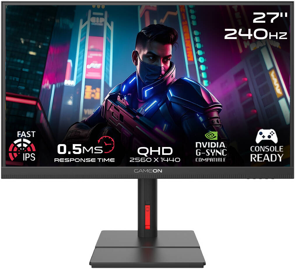  GAMEON GOML27QHD240IPS Midnight Signature Series Gaming Monitor 27" QHD 2560 x 1440 Fast IPS Display 240Hz Refresh Rate 0.5ms Response Time AMD FreeSync & NVIDIA G-Sync Technology HDR1400 Ready 2× HDMI 2.1 1× DP 1.4 - Black 