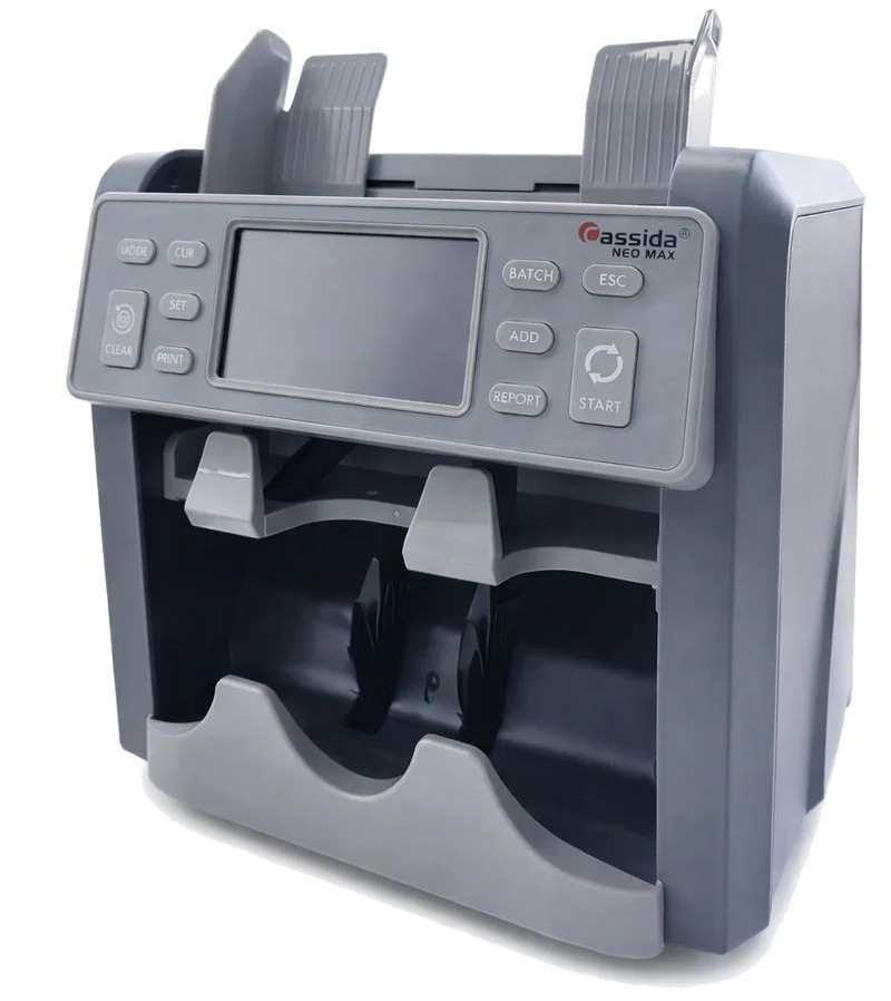 Cassida Neo Max 2 Pocket Mix Value Counter and Sorter with Printer Dual CIS UV MG IR Detection 1200 Bills per Minute LCD Touchscreen Multi Currency