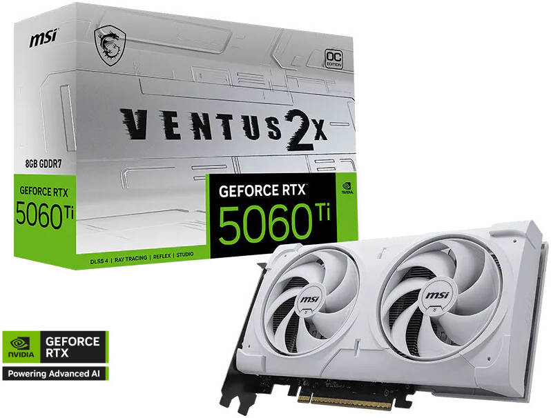 MSI GeForce RTX 5060 Ti VENTUS 2X OC PLUS Graphics Card, 8GB GDDR7 128-Bit Memory 28 Gbps Memory Speed 2602 MHz Boost Clocks PCI Express Gen 5 x16 (uses x8)- White
