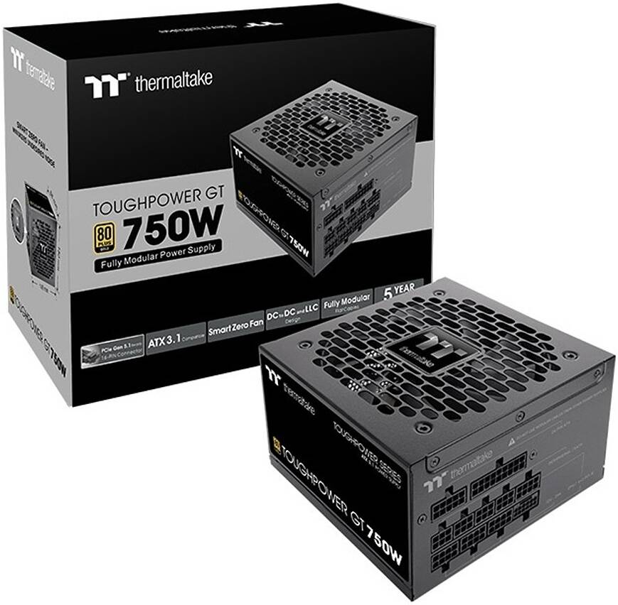 مزود طاقة Thermaltake Toughpower GT بقدرة 750 واط، بتصميم معياري بالكامل، مزود بتقنية Active PFC، وكفاءة 80 PLUS Gold، ومروحة 120 مم بمحمل هيدروليكي، جاهز لـ PCIe Gen 5.1، اللون أسود.