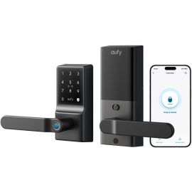 قفل الباب الذكي eufy C33 مزود بشبكة Wi-Fi مدمجة، وجهاز تحكم عن بعد عبر التطبيق، ومقبض دخول بيومتري مقاوم للماء IP53، وقفل باب ببصمة الإصبع بدون مفتاح مع رافعة