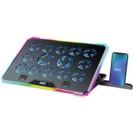 NCTS C1419 RGB 14-Fan Laptop Cooling Pad – Ergonomic 8-Height Stand, LCD Screen, 10 RGB Modes, Dual USB, for ≤ 17″