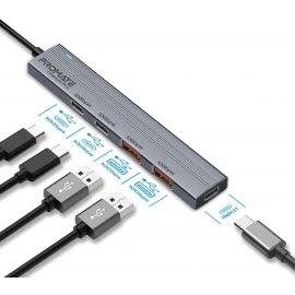 Promate LiteHub-Pro Multi-Port USB-C Data Hub 10Gbps High-Speed USB-C & USB-A Ports, Ultra-Slim 4-in-1 Hub, Plug & Play Connectivity