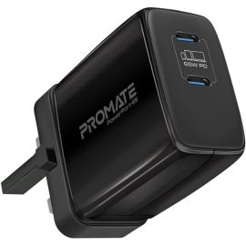 محول شحن سريع للغاية بقوة 65 وات من بروميت GaNFast مع شاحن حائط بمنفذي USB مزدوجين، PowerPort-65