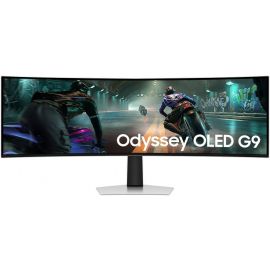شاشة ألعاب سامسونج أوديسي G91SD G9 المنحنية 49 بوصة بدقة DQHD ‏(5,120 × 1,440)، معدل تحديث يصل إلى 144 هرتز، زمن استجابة 0.03 مللي ثانية (GTG)، دعم ألوان يصل إلى مليار لون، وتقنية HDR10+ Gaming، باللون الفضي.