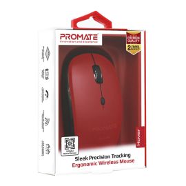 Promate Hover Wireless Sleek Precision Tracking Ergonomic Optical Mouse, Red
