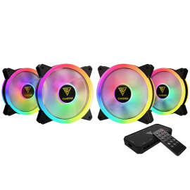 GAMDIAS AEOLUS M2-1204R 4-Pack ARGB Cooling Fans , 120mm Trio-Ring Addressable RGB, Hydraulic Bearing, PWM Control, AEOLUS Control Box & Remote, High-Airflow Case Fan Set, Black