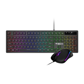 لوحة مفاتيح وماوس سلكية من جامدياس آريس E3 2 في 1، لوحة مفاتيح ألعاب غشائية RGB (104 مفتاح)، ماوس بصري مريح بدقة 3600 نقطة في البوصة، كابل USB بطول 1.5 متر، إضاءة RGB، أسود