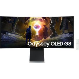 شاشة سامسونج أوديسي جي 8 الذكية للألعاب، 34 بوصة، G855D، شاشة OLED UWQHD، 3440 × 1440، معدل تحديث 175 هرتز، وقت استجابة 0.03 مللي ثانية (GtG)، تقنية AMD FreeSync Premium Pro وG-Sync، فضية