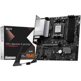 اللوحة الأم MSI PRO B840M-P WIFI-6E بمقبس AM5 وذاكرة DDR5 بحجم M-ATX، مزودة بـ 4 فتحات DDR5 UDIMM، وشريحة AMD B840، وتدعم حتى 256 جيجابايت كحد أقصى للذاكرة، مع منفذي M.2.