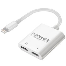 Promate MediaLink-i2i Dual Port Audio & Charge Lightning Adapter, 10 W Pass-Through Charging, 48 kHz Audio, Durable TPE/ABS Build – Lightning to Dual Lightning