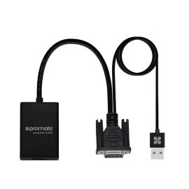 Promate proLink-V2H VGA-to-HDMI Adapter with USB Audio & Power – 1080p, 60Hz, 1.65Gbps, Plug-and-Play, Compact Design – Black