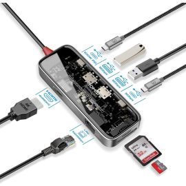 Promate 8-in 1 Transparent Ultra-Fast Multiport USB-C Hub with 100W Power Delivery ,TransHub-mini