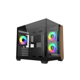 صندوق كمبيوتر كولر ماستر Elite 481 Wood ميني تاور يدعم Micro ATX وITX بغرفتين وزجاج مقسّى وواجهة أمامية من الخشب الطبيعي ومراوح ARGB أسود