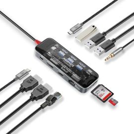 Promate TransHub‑Pro USB‑C Keyboard‑Accessory Hub – 11‑in‑1 Transparent Dock, 100 W PD, Dual 4K Display, Gigabit LAN