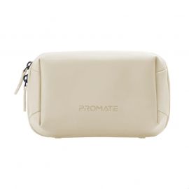 Promate Velvena Tech Organizer Pouch Compact Lightweight PU Zippered Pouch for Gadgets Beige