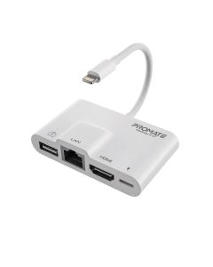موزع الوسائط المتعددة Promate MediaSync‑LT 4 في 1 بمنفذ Lightning - HDMI بدقة 1080 بكسل، وEthernet بسرعة 10/100 ميجابت في الثانية، ومنفذ بيانات USB، وجسر شحن Lightning - أبيض