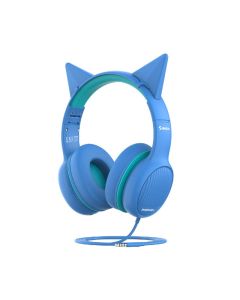 Promate Simba Over-Ear Hi-Definition SafeAudio Kids Wired Headset – 40 mm Drivers, 85 dB Volume Limiter, Detachable Cat Ears, Foldable Design – Aqua