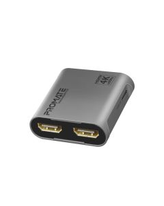 كابل موزع HDMI Promate MediaSplit-C2 بدقة 4K وتردد 60 هرتز - مخرج HDMI مزدوج، شريحة LT86102UX، منفذ طاقة USB-C، كابل عالي التحمل بطول 2 متر - أسود/فضي
