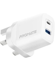 Promate BiPlug-2 17W High-Speed Dual Port Wall Charger, UK-White