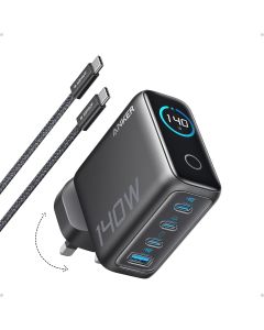 شاحن أنكر 140 واط بمنفذ USB-C، شاحن لابتوب، شاحن سريع متعدد المنافذ (4 منافذ)، مزود بتقنية GaN المتقدمة للشحن السريع لأجهزة متعددة.