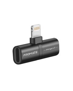 محول الصوت والشحن Promate iHinge-LT Lightning - شحن سريع 12 وات، صوت DAC 24 بت 48 كيلو هرتز، تصميم مريح، نحيف للغاية، توصيل وتشغيل - أسود