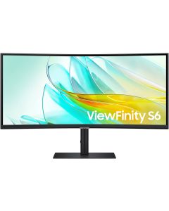 شاشة سامسونج ViewFinity S6 S65UC مقاس 34 بوصة، شاشة VA UWQHD، معدل تحديث 3440 × 1440، وقت استجابة 100 هرتز، 5 مللي ثانية، انحناء 1000R، مكبر صوت مدمج، مفتاح KVM، تقنية FreeSync، منفذ عرض HDMI أسود