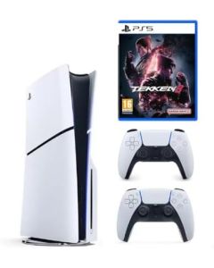 سوني بلاي ستيشن 5 ديسك سليم مع وحدة تحكم Dualsense إضافية باللون الأبيض وTekken 8 PS5 - الإصدار الدولي