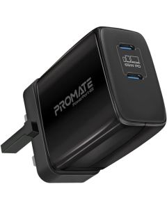 Promate 65W Super Speed GaNFast Charging Adapter with Dual USB Ports Wall Charger,  PowerPort-65