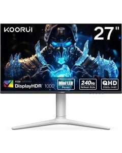 شاشة ألعاب KOORUI GN10 مقاس 27 بوصة WQHD 2560 x 1440 معدل تحديث 240 هرتز وقت استجابة 1 مللي ثانية شاشة LED صغيرة HDR 1000، ارتفاع محوري مائل قابل للتعديل DP HDMI أبيض رمادي