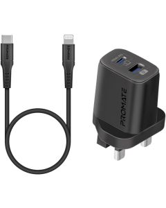 Promate 25W Power Delivery Dual Port Adapter with Ultra-Fast USB-C to Lightning Cable