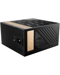مزود طاقة MSI MEG Ai1300 PCIE5 ATX 3.0 كامل الوحدات بمروحة 120 مم ذات محمل ديناميكي مائي بقوة 1300 وات، وكابل توصيل PCIe 5.0 مخصص معتمد من 80 PLUS Platinum، أسود