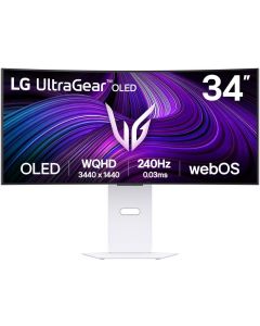 شاشة ألعاب LG UltraGear 34GX90SA-W منحنية OLED مقاس 34 بوصة - دقة WQHD 3440x1440، معدل تحديث 240 هرتز، زمن انتقال 0.03 مللي ثانية، دعم NVIDIA G-SYNC وAMD FreeSync Premium، DisplayHDR True Black 400، منفذ USB-C 65 واط PD، ميزات ذكية من webOS