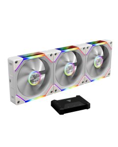 GAMDIAS AEOLUS P2-1203U WH 120 mm ARGB PWM Triple Castle Fan Pack, Cable-less Daisy-Chain, 30 mm Thick Frame, Hydraulic Bearing, Infinity-Mirror Lighting, USB AEOLUS Box II Controller, White