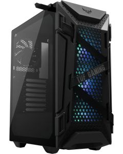 ASUS TUF Gaming GT301 ATX mid-tower compact case with tempered glass side panel, honeycomb front panel, 120mm AURA Addressable RGB fan, VGA holder, headphone hanger and 360mm radiator support.