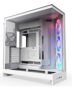 كيس NZXT H9 Flow RGB باللون الأبيض – كيس متوسط الحجم مزود بمراوح RGB، تصميم يركز على تدفق الهواء مع زجاج بانورامي مقوى