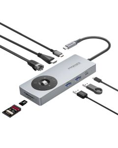 موزع Promate ComandHub‑Pro 14 في 1 USB-C إصدار لوحة المفاتيح - 100 واط PD USB-C، 4K 60Hz HDMI، 1GbE LAN، قارئ SD/TF، زر الوسائط المتعددة