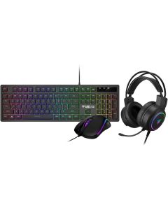 مجموعة ألعاب GAMDIAS Poseidon E2 3 في 1، تتضمن لوحة مفاتيح غشائية ARES E3 مكونة من 104 مفاتيح، وماوس AURA GS3 بدقة 3600 نقطة في البوصة، وسماعة رأس بقطر 50 مم، باللون الأسود