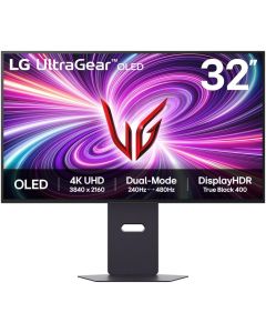 شاشة ألعاب إل جي ألترا جير ثنائية الوضع مقاس 32 بوصة بدقة 4K UHD OLED ومعدل تحديث 3840 × 2160 240 هرتز ووقت استجابة 0.03 متوافق مع G-Sync وAdaptiveSync وFreeSync Premium Pro باللون الأسود