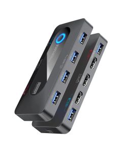 مفتاح Promate MediaSwitch-KVM ثنائي HDMI بدقة 4K، وتردد 60 هرتز KVM مع طاقة USB-C، و4 منافذ USB-A 3.0، وزر تبديل، وكابلات متضمنة