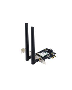 محول ASUS PCE-AXE5400 WiFi 6E PCI-E مع هوائيات خارجية مزدوجة. يدعم نطاق 6GHz، وعرض ترددي 160MHz، وBluetooth 5.2، وأمان الشبكة WPA3