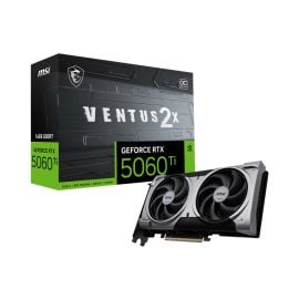 بطاقة رسومات MSI GeForce RTX 5060 Ti 16G VENTUS 2X OC PLUS، بذاكرة GDDR7 سعة 16 جيجابايت وواجهة 128 بت، تدعم PCIe Gen5، مزودة بنظام تبريد VENTUS بمروحتين، وتقنيات DLSS 4 وتتبع الأشعة، ودعم شاشات 8K.